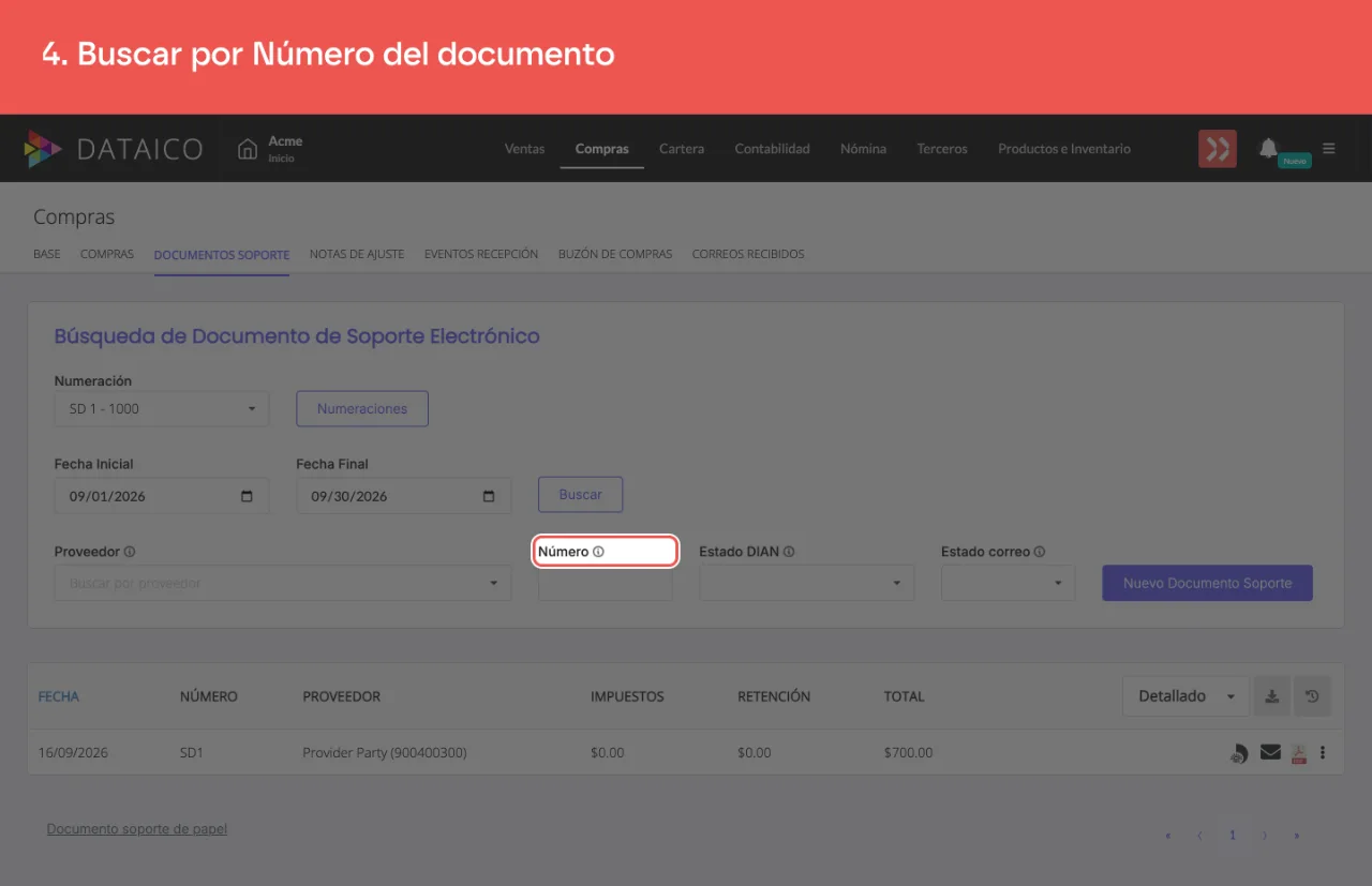 El campo de número del documento soporte