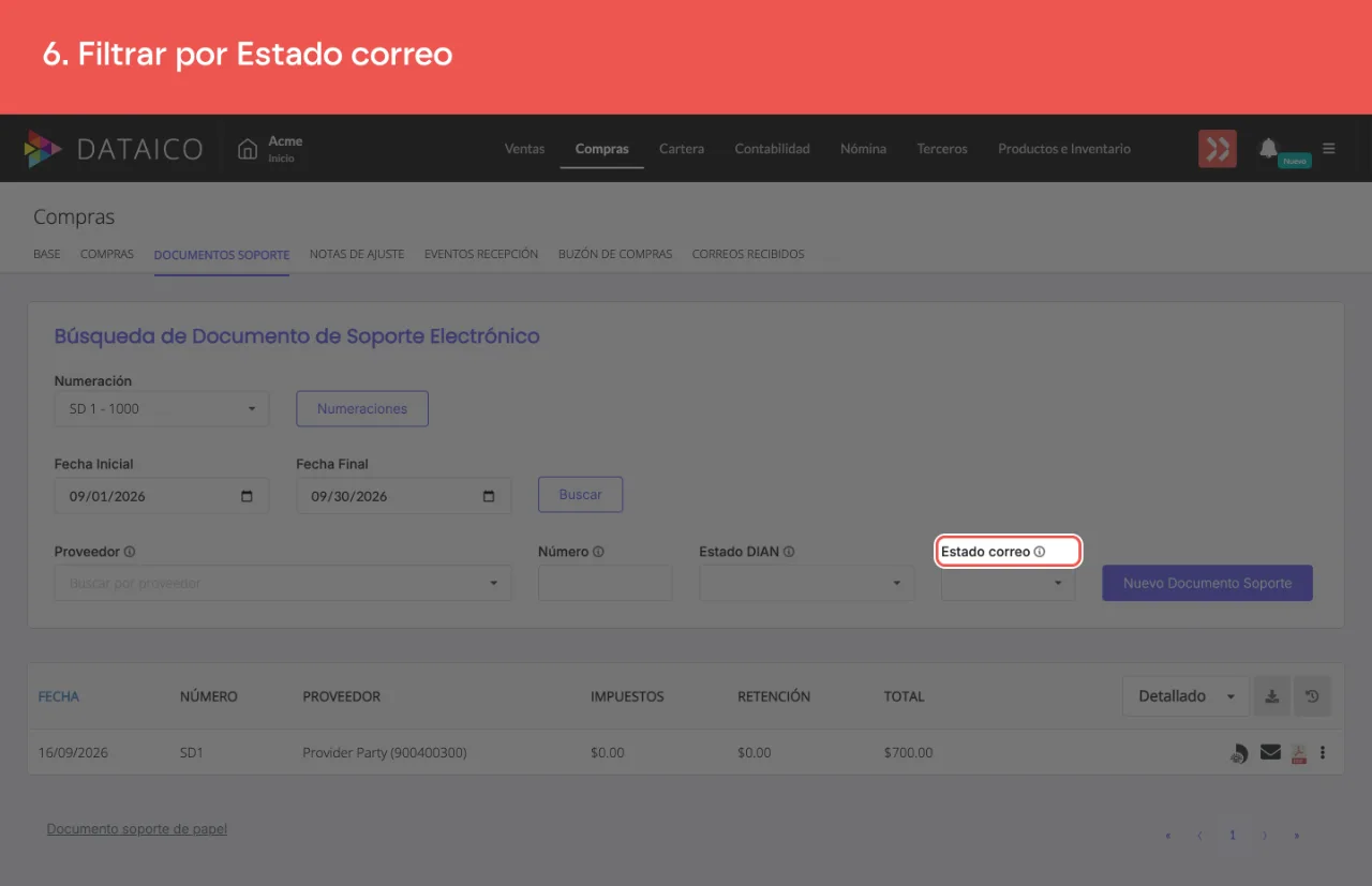 El filtro de estado del correo al proveedor