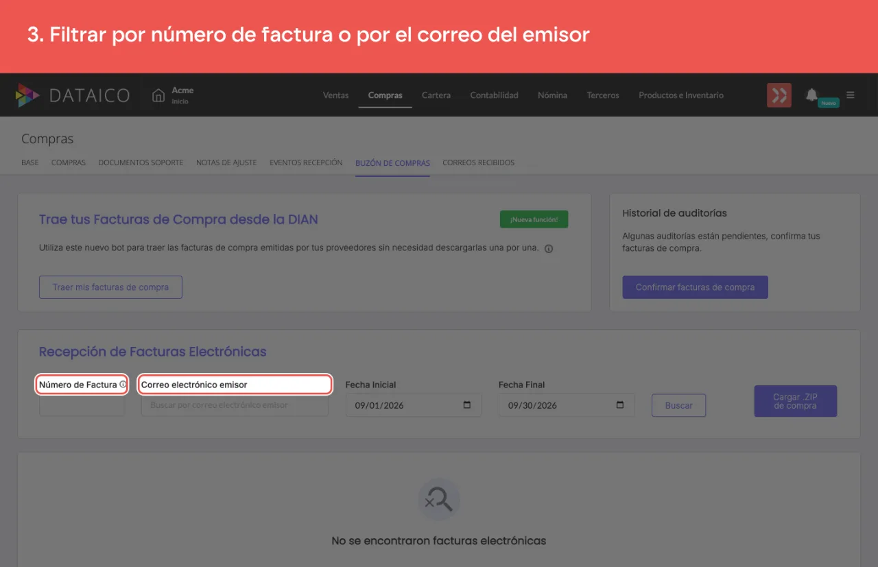Los filtros del buzón: número de factura y correo del emisor