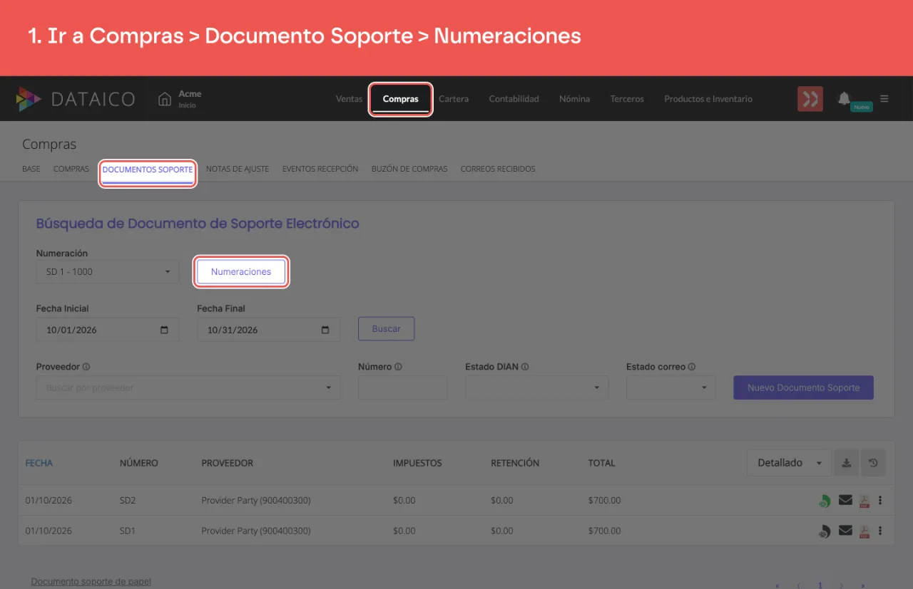La pestaña Compras, la subpestaña Documentos Soporte y su botón Numeraciones
