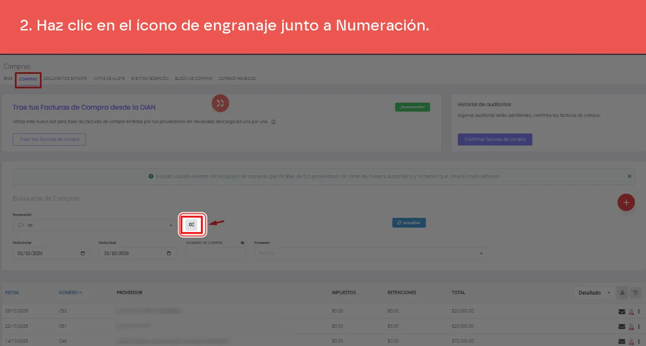 El ícono de engranaje junto al selector Numeración de Búsqueda de Compras