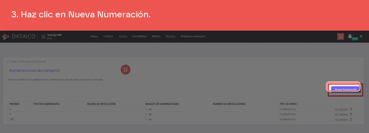 El botón Nueva Numeración del listado Numeraciones de Compras