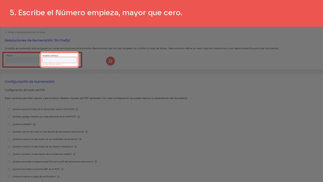 El campo Número empieza del formulario de la numeración