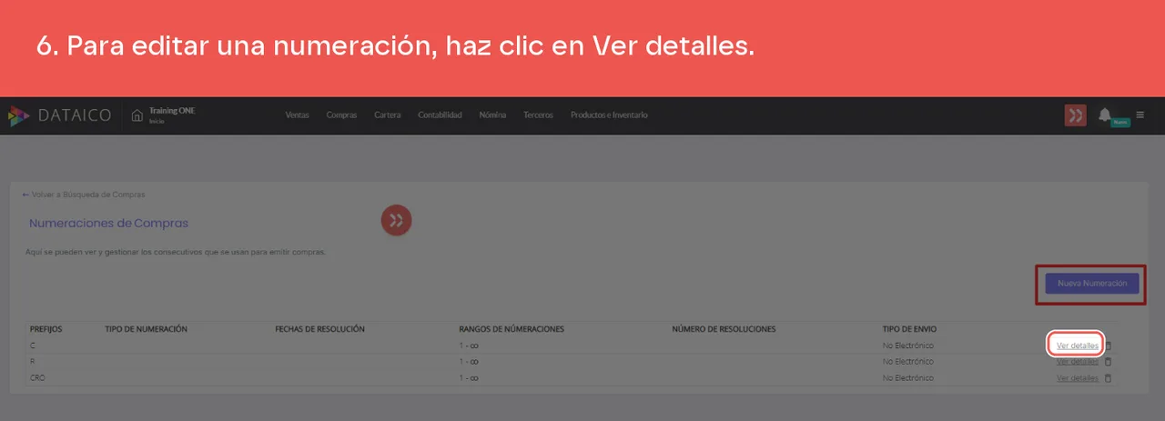 El enlace Ver detalles en una fila de Numeraciones de Compras