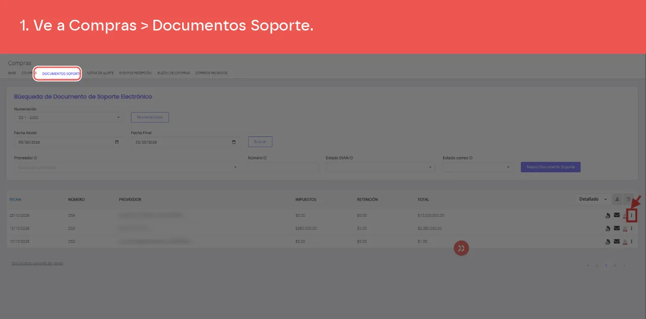 La pestaña Documentos Soporte de la barra de secciones de Compras