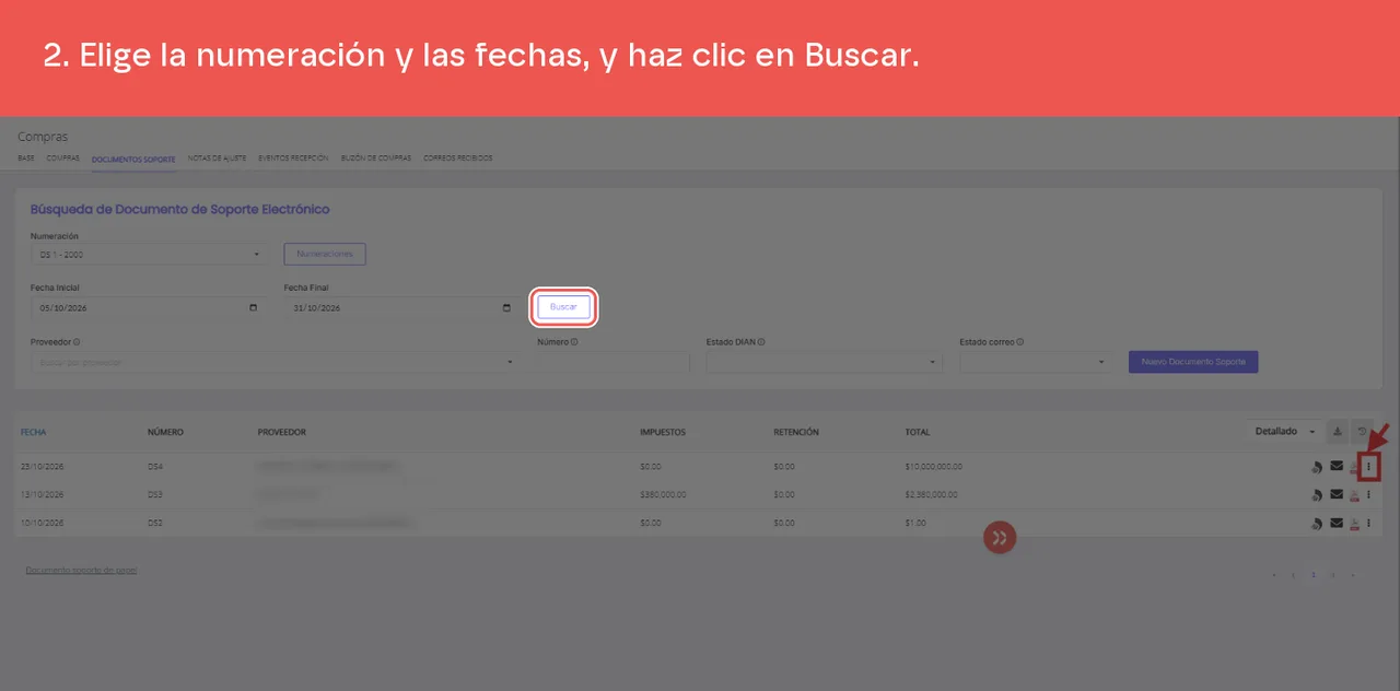 Los filtros de Búsqueda de Documento de Soporte Electrónico y el botón Buscar