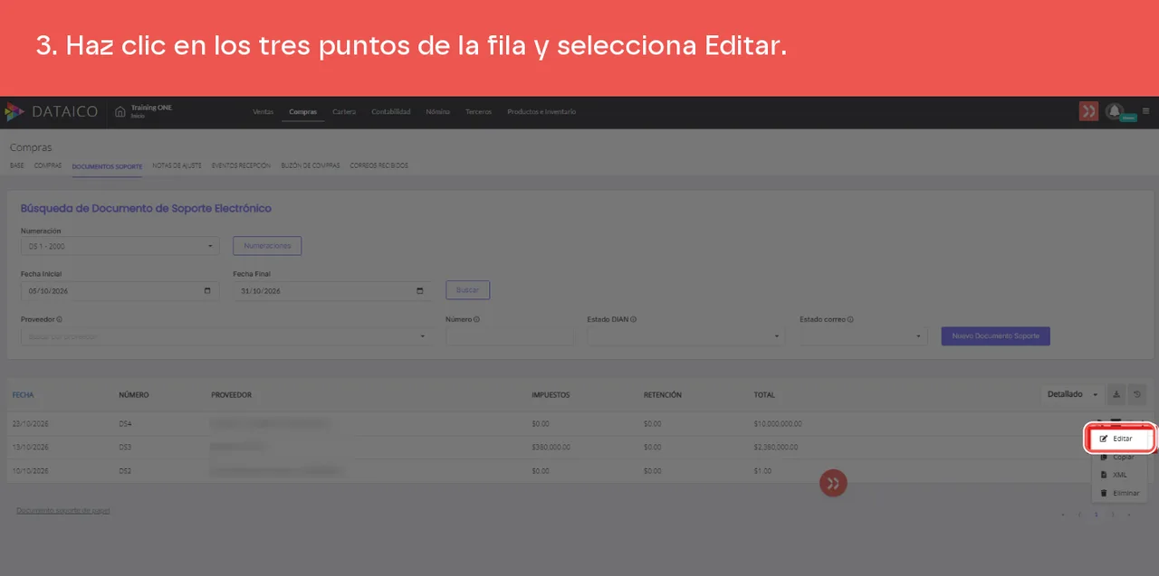 La opción Editar en el menú de tres puntos de la fila del Documento Soporte