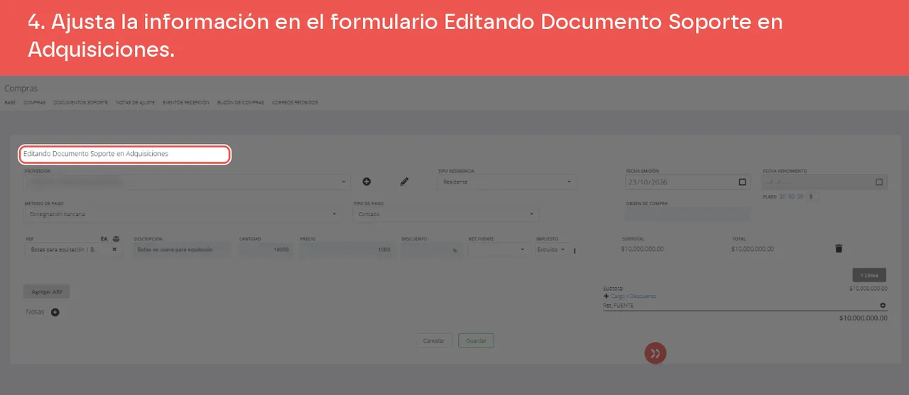El formulario Editando Documento Soporte en Adquisiciones con el proveedor, el pago, las fechas y las líneas