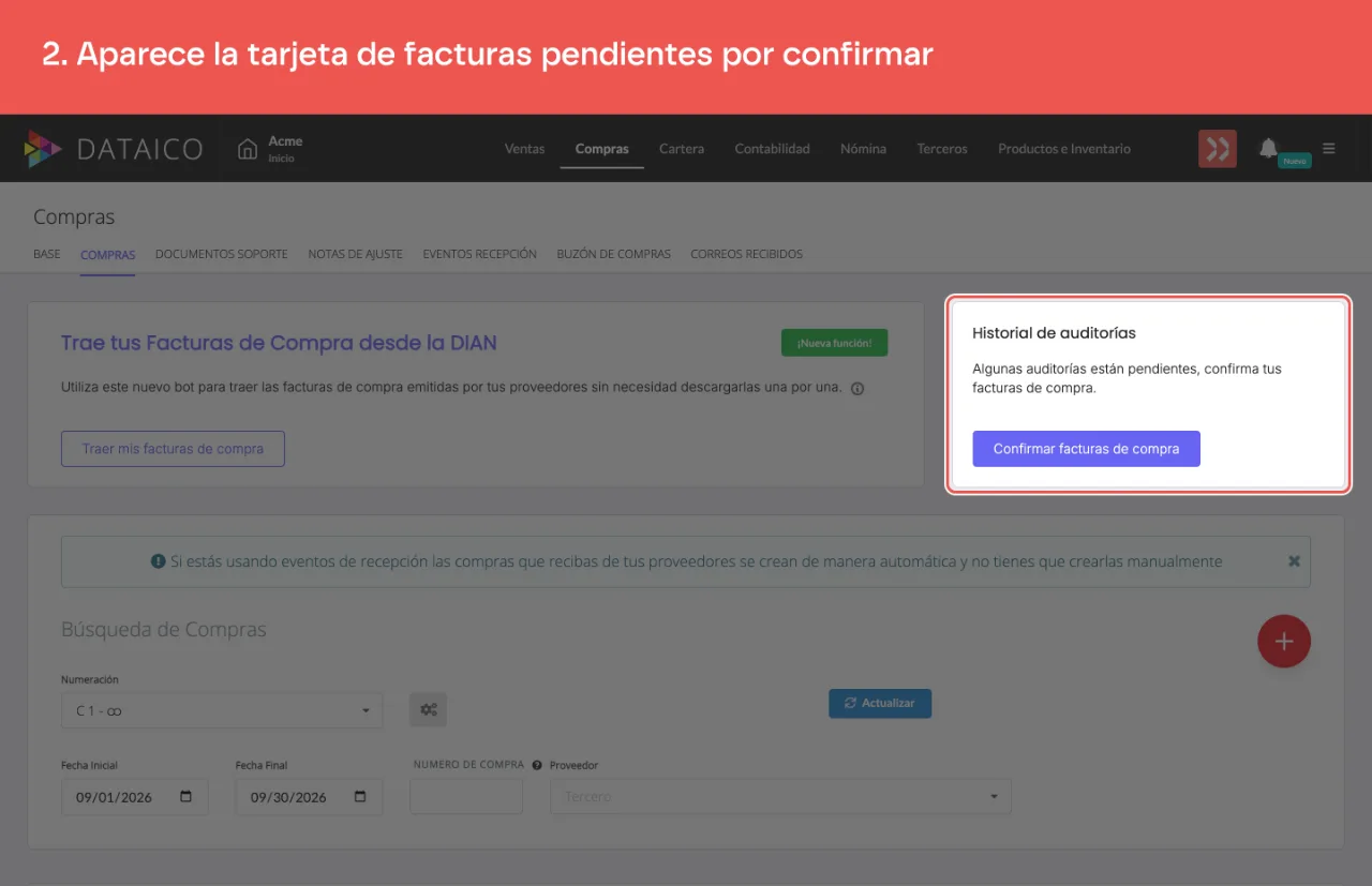 La tarjeta que avisa que hay facturas de compra pendientes por confirmar