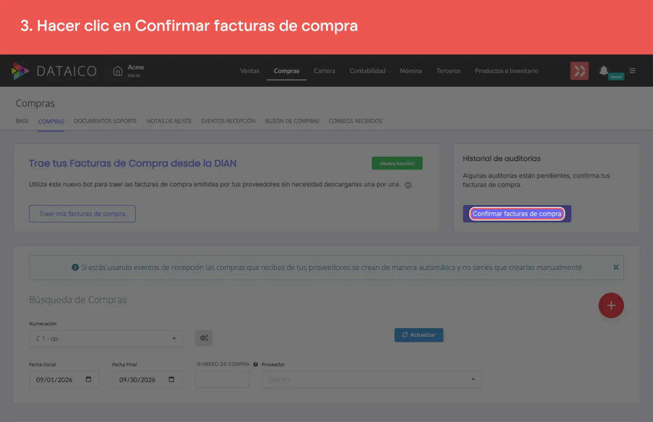 El botón que abre el historial de documentos traídos de la DIAN