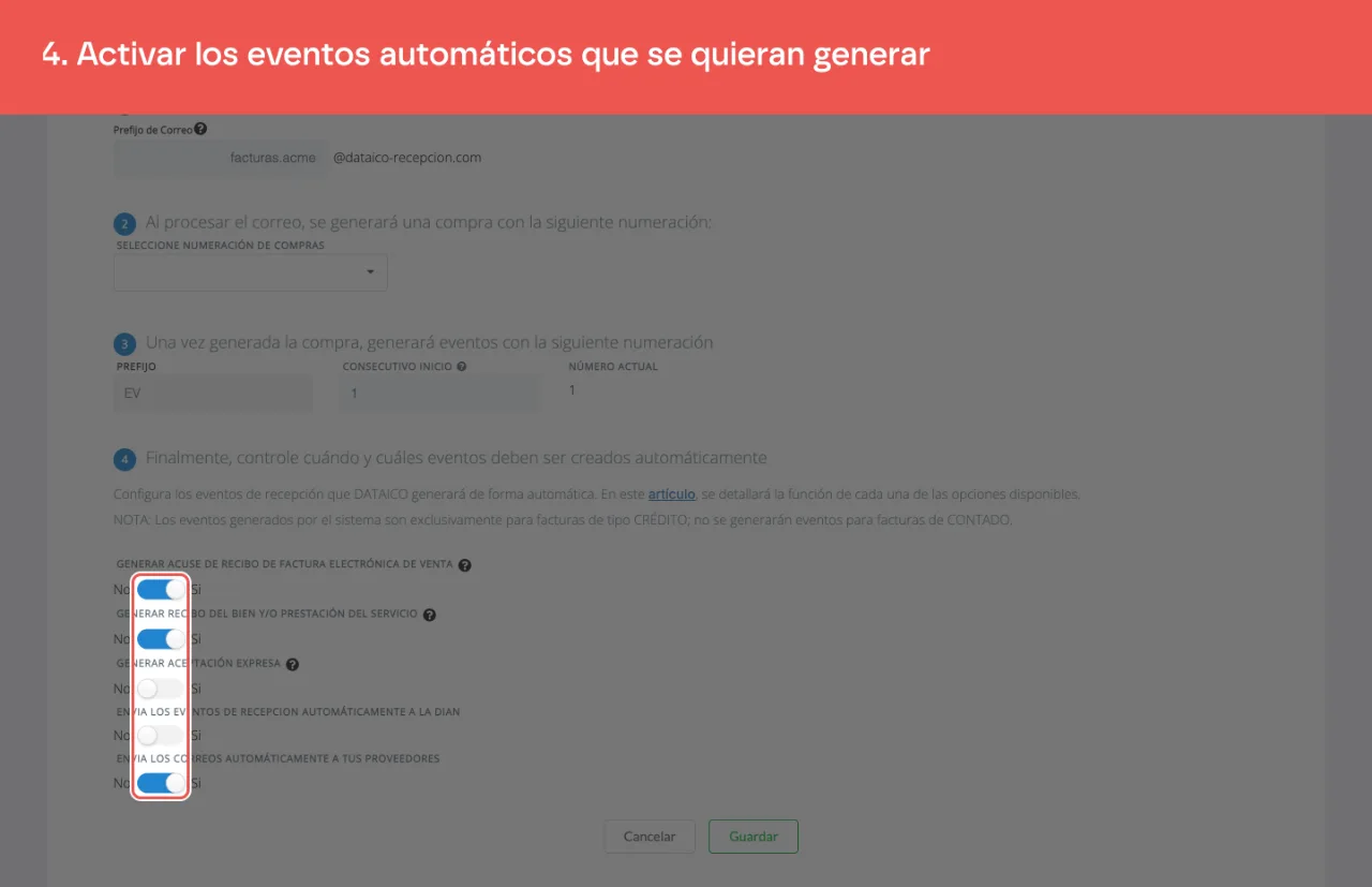 La sección de eventos automáticos, con un interruptor por evento y los de envío a la DIAN y de correo a los proveedores