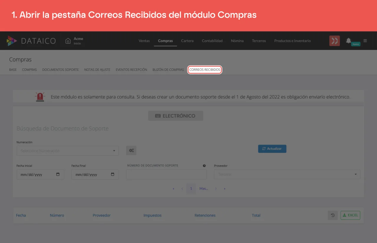 La pestaña Correos Recibidos, en la barra de secciones de Compras