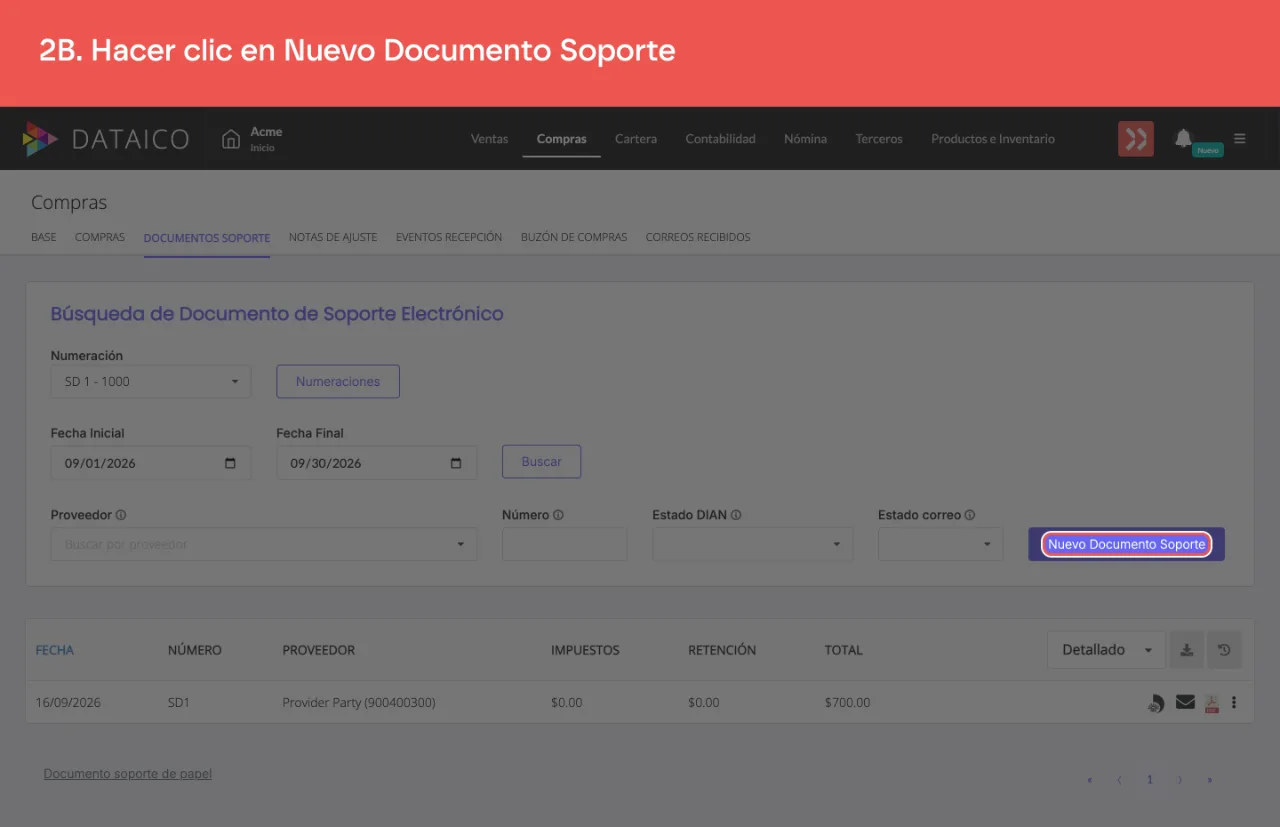 El botón que abre el formulario de un documento soporte nuevo