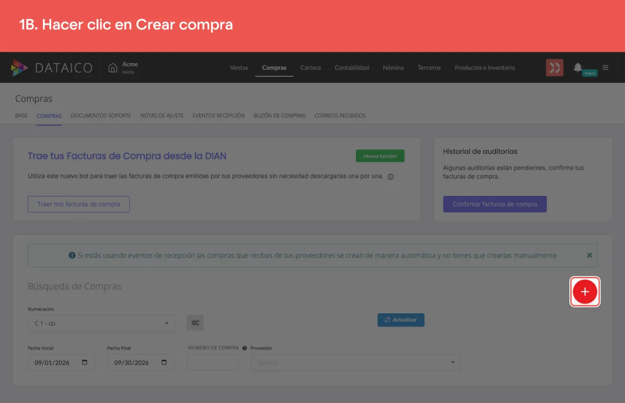 El control que abre el formulario de una compra nueva