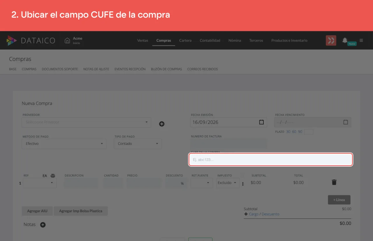 El campo CUFE de la compra, en el encabezado del formulario