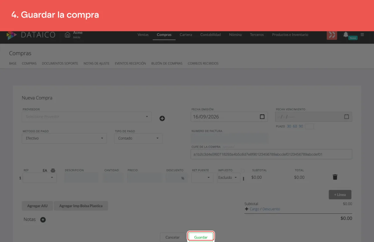 El botón Guardar del formulario de compra