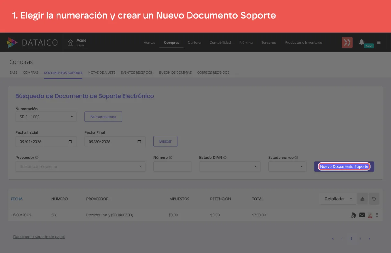 El botón que abre el formulario de un documento soporte nuevo