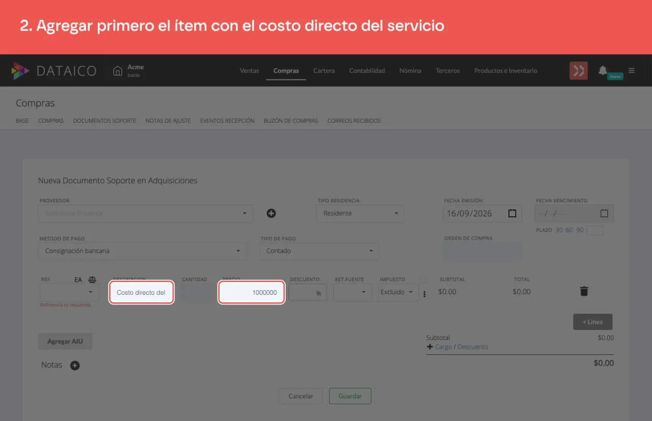 La línea del costo directo, que es la base del cálculo del AIU