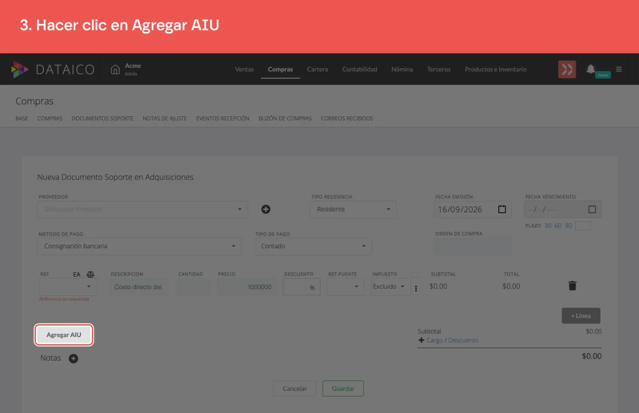 El control Agregar AIU, al pie del formulario