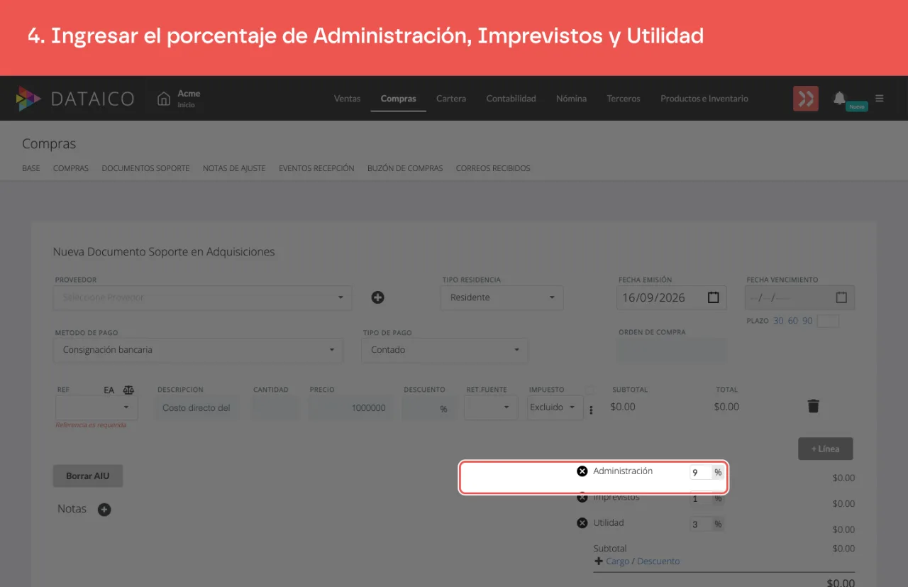 Los tres campos del AIU, que se calculan sobre el costo directo