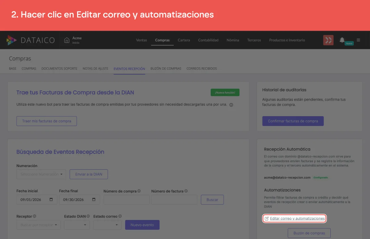 El botón que abre la configuración del correo y las automatizaciones
