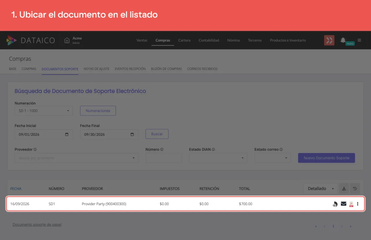 La fila del documento soporte que se va a eliminar