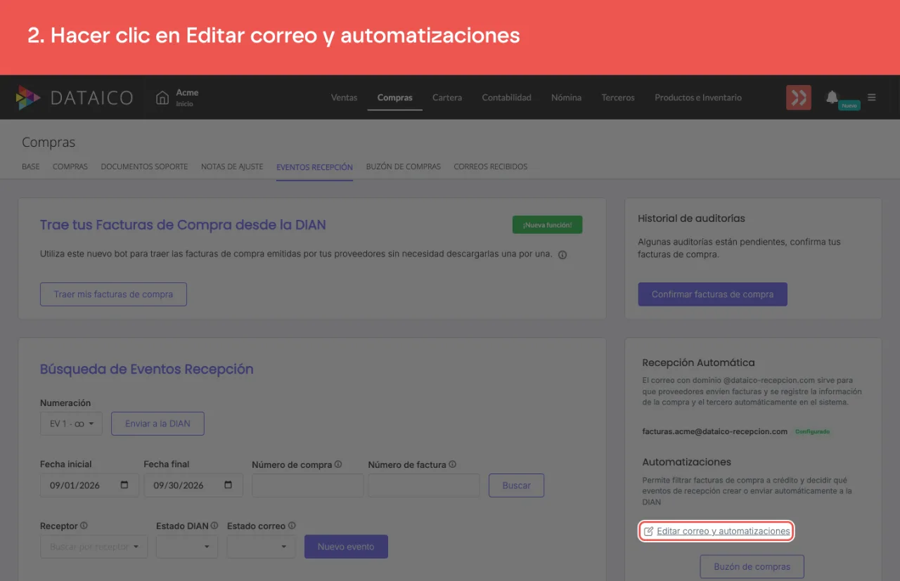 El enlace Editar correo y automatizaciones, en el panel Automatizaciones del listado de eventos