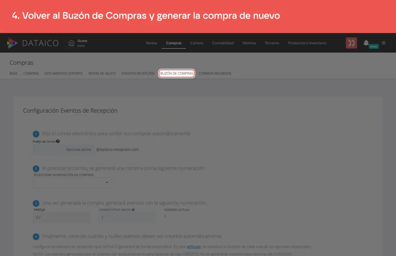 La pestaña Buzón de Compras del módulo Compras