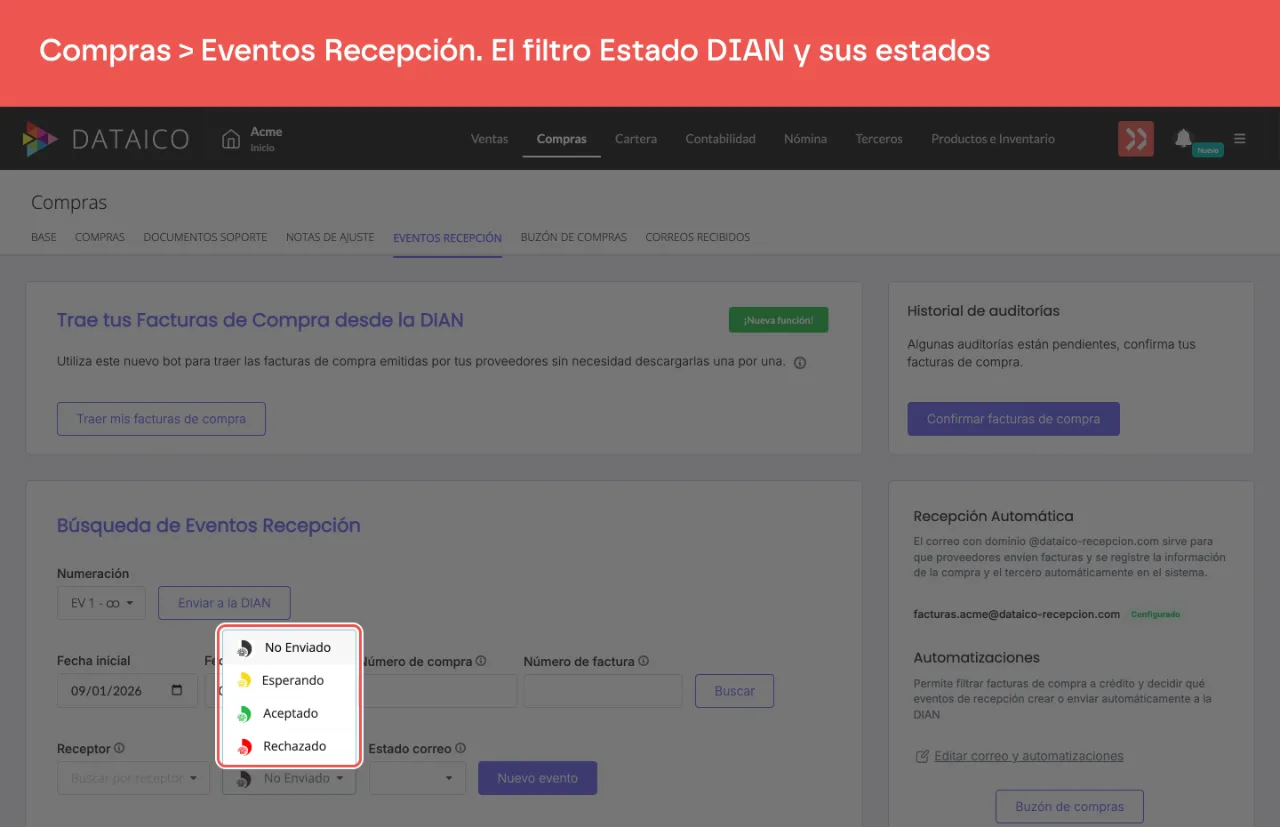El filtro Estado DIAN del listado de eventos de recepción, abierto con los estados que puede tener un documento ante la DIAN