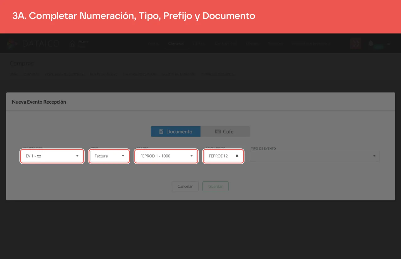 El formulario Nueva Evento Recepción con la numeración EV, el tipo Factura, el prefijo FEPROD y la factura FEPROD12