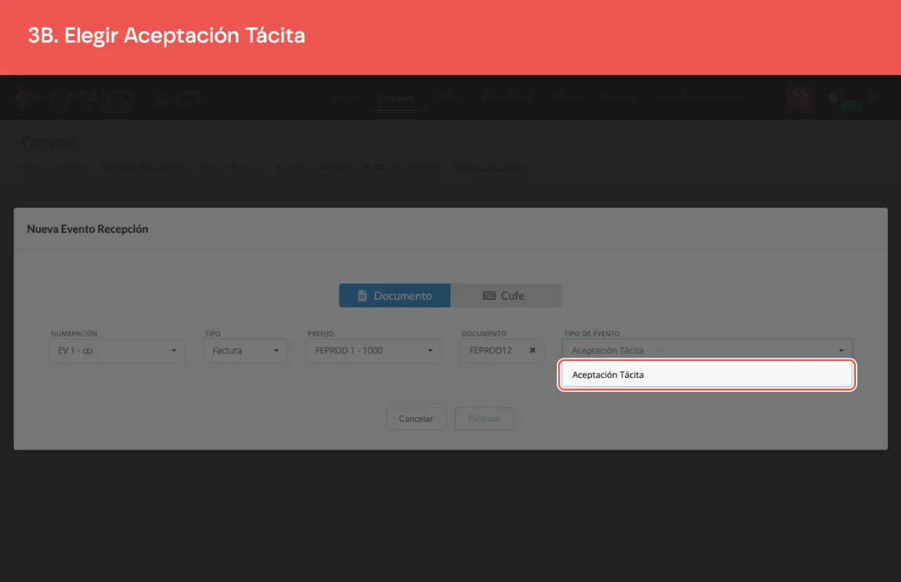 La lista de tipos de evento abierta sobre una factura de venta, con la Aceptación Tácita