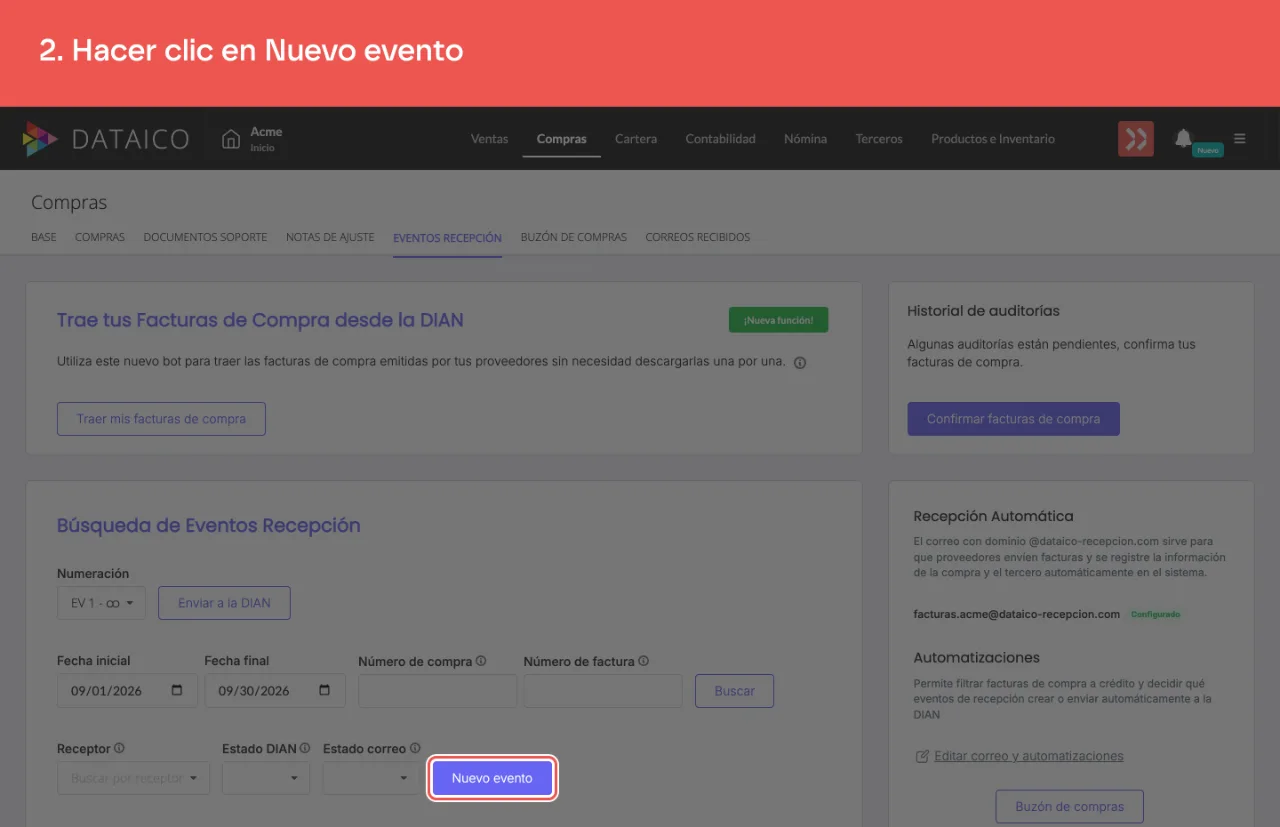 El botón Nuevo evento, debajo de los filtros del listado de eventos de recepción