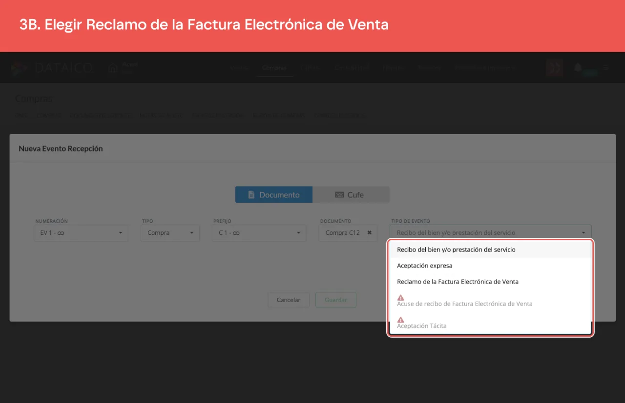 La lista de tipos de evento abierta, con Reclamo de la Factura Electrónica de Venta