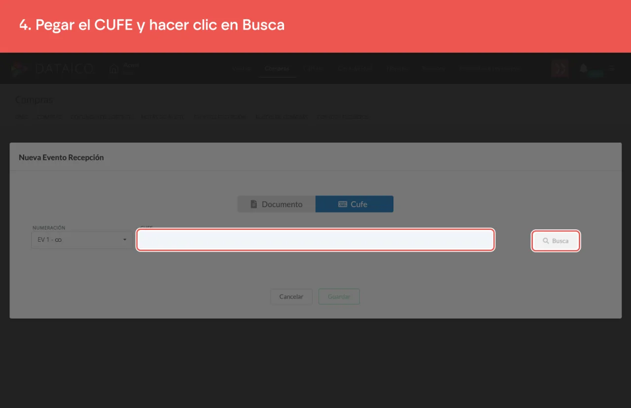 El campo para pegar el CUFE de la factura del proveedor y el botón Busca, que la consulta ante la DIAN