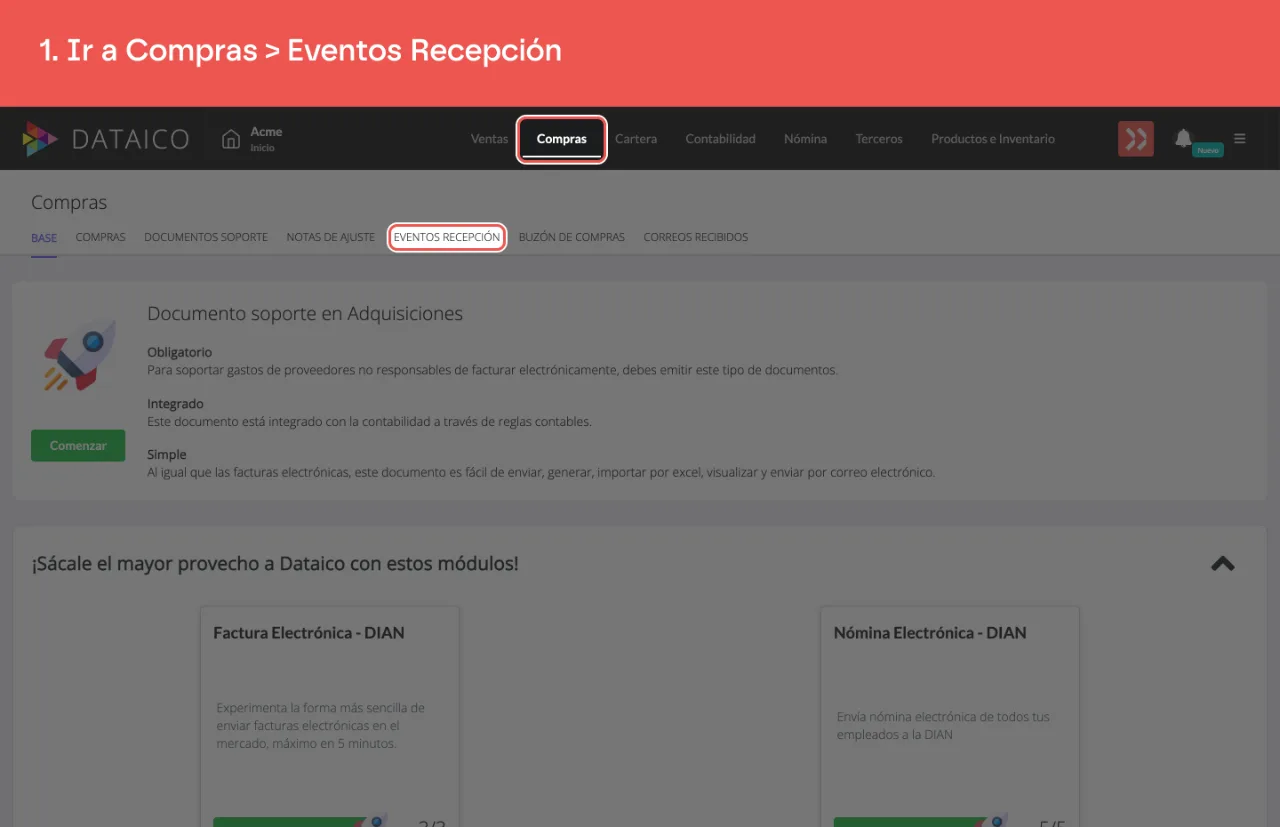 La pestaña Compras del menú principal y la pestaña Eventos Recepción