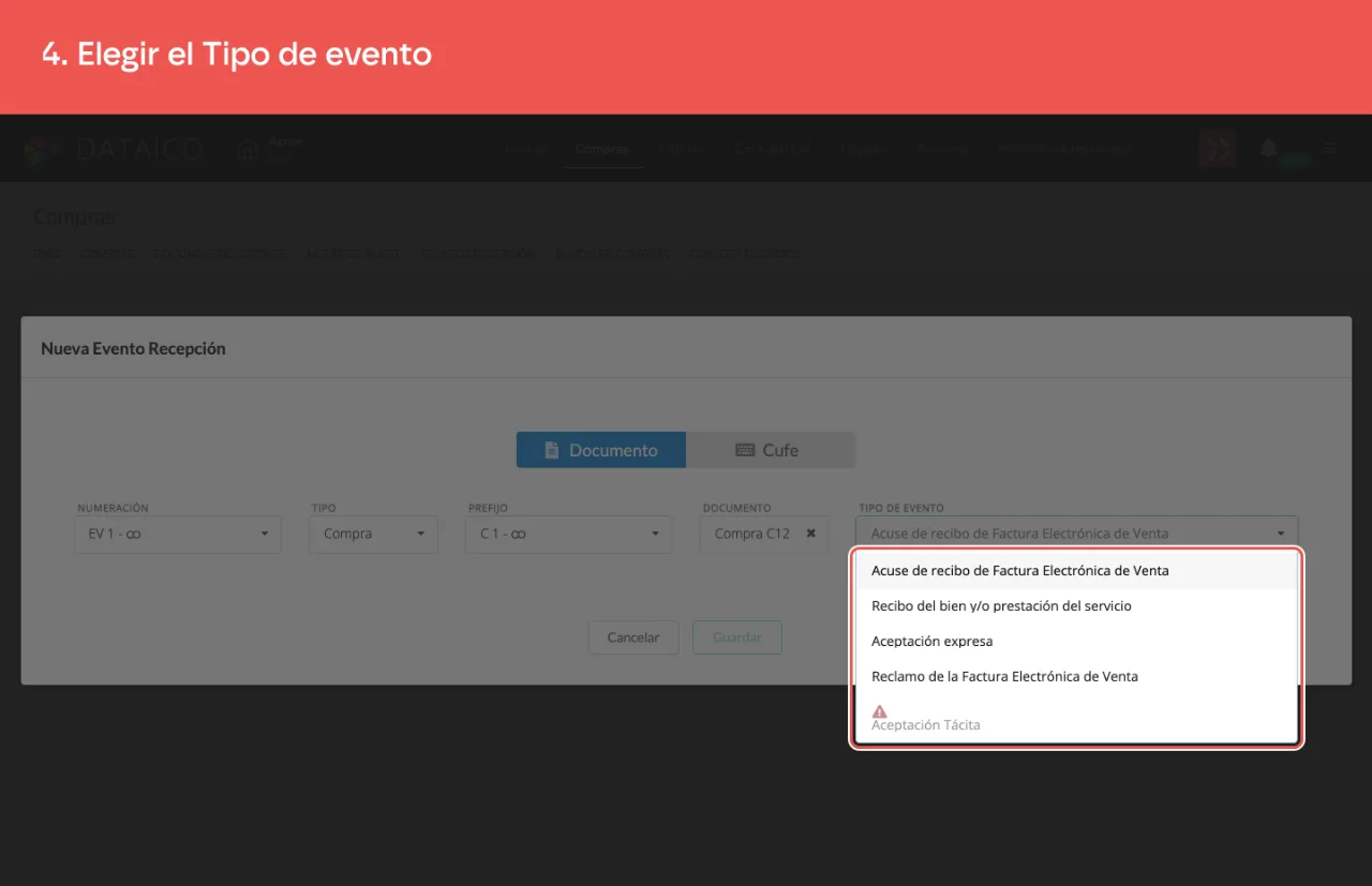La lista de tipos de evento: Acuse de recibo, Recibo del bien, Aceptación expresa y Reclamo; la Aceptación Tácita aparece deshabilitada sobre una compra