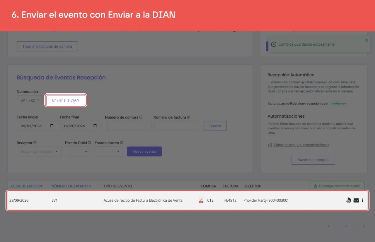 El botón Enviar a la DIAN, junto al selector de numeración, y el evento recién creado en el listado