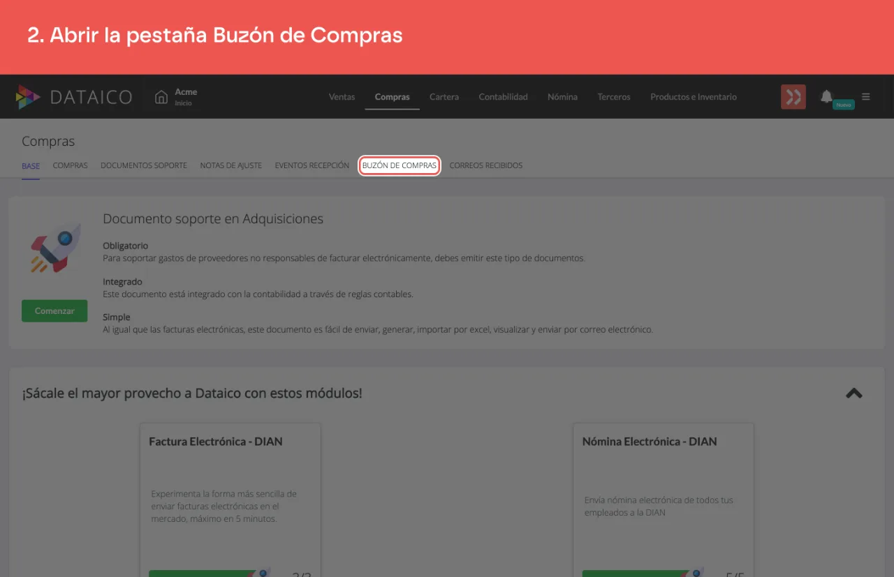 La pestaña Buzón de Compras, en la barra de secciones del módulo