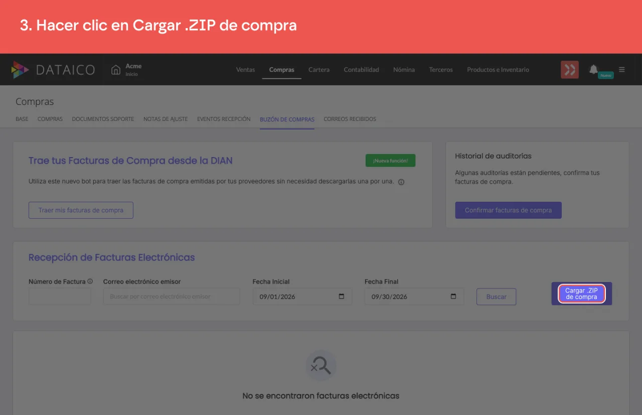 El control que abre la carga de un ZIP de compra