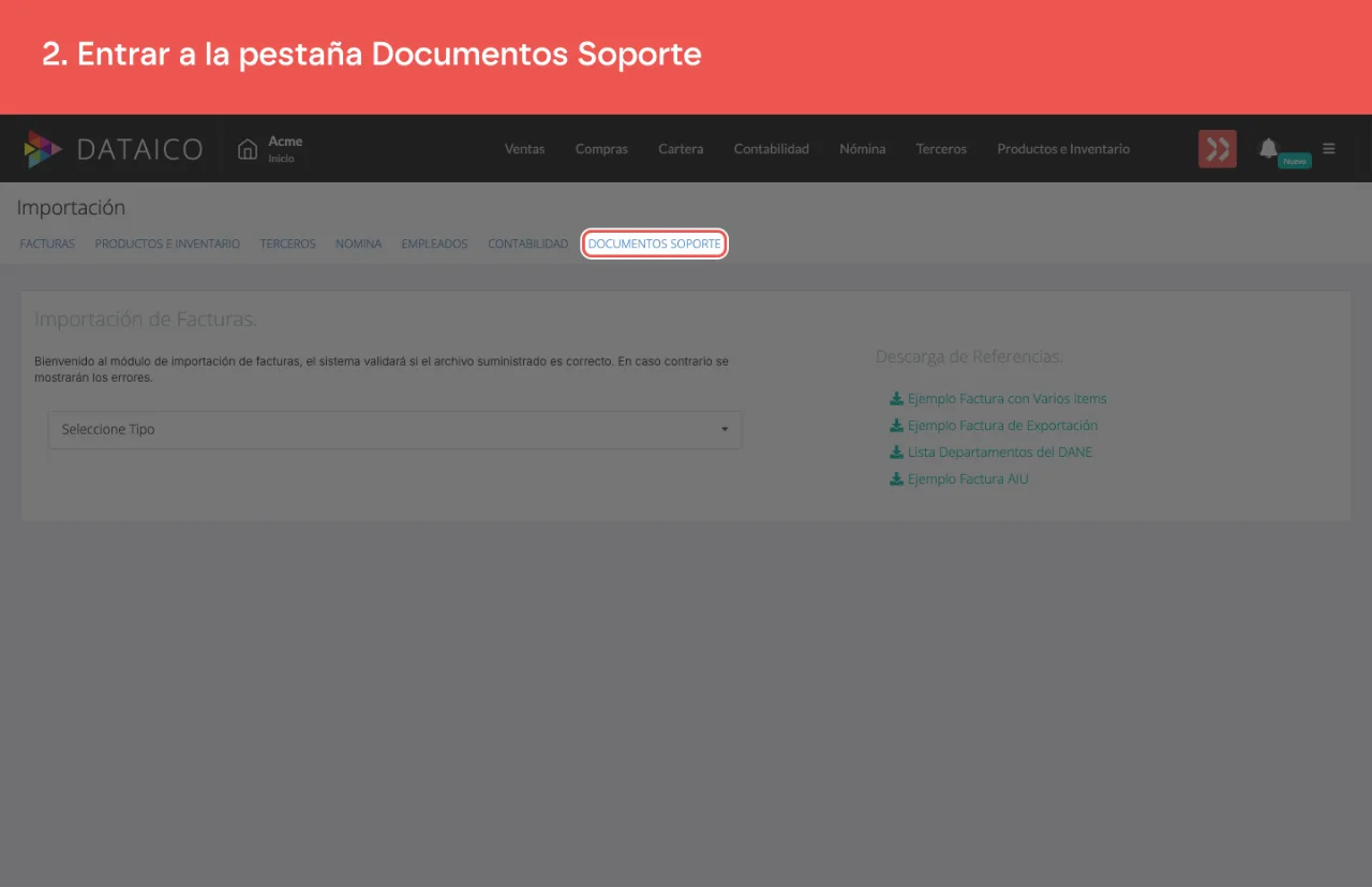La fila de pestañas del módulo de importación, con Documentos Soporte entre ellas