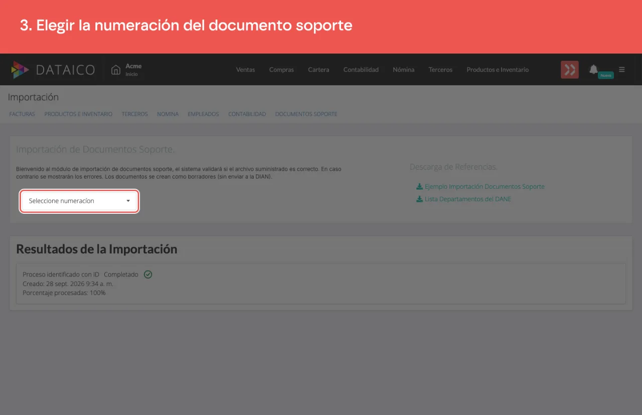 El selector de numeración de la importación de documentos soporte
