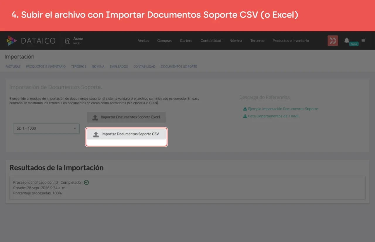 Los botones para subir el archivo en Excel o CSV, que aparecen al elegir la numeración