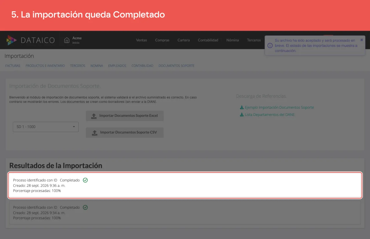 La importación terminada, en estado Completado y sin errores