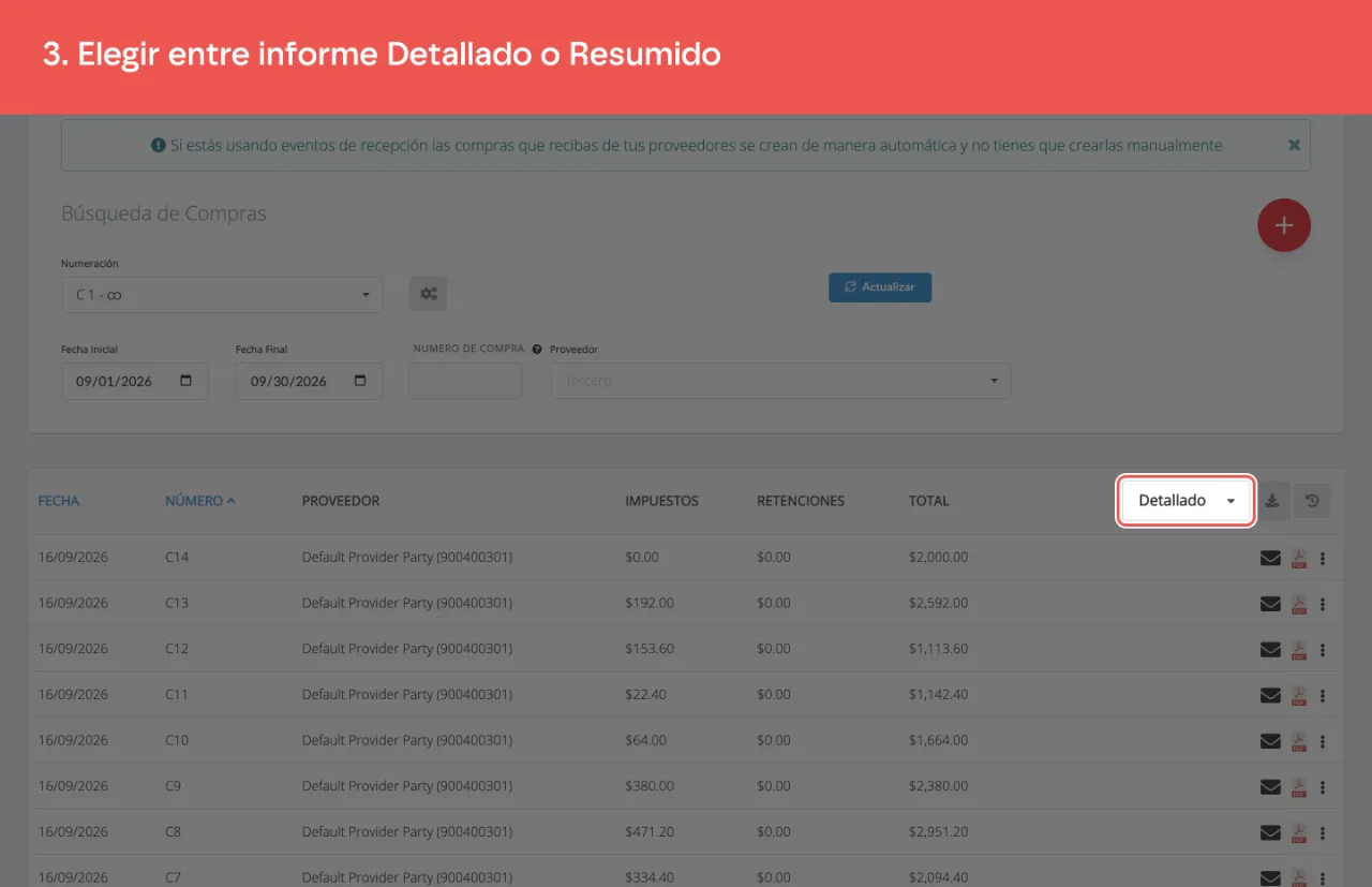 El selector que elige entre el informe detallado y el resumido