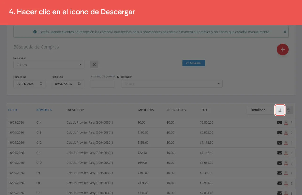 El botón de descarga del informe, a la derecha de la pantalla
