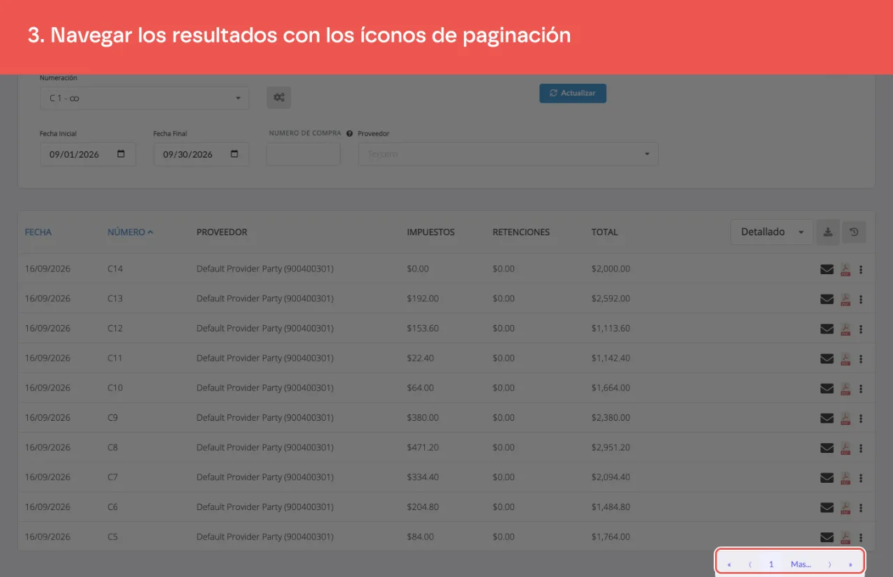 Los controles de paginación del listado de compras