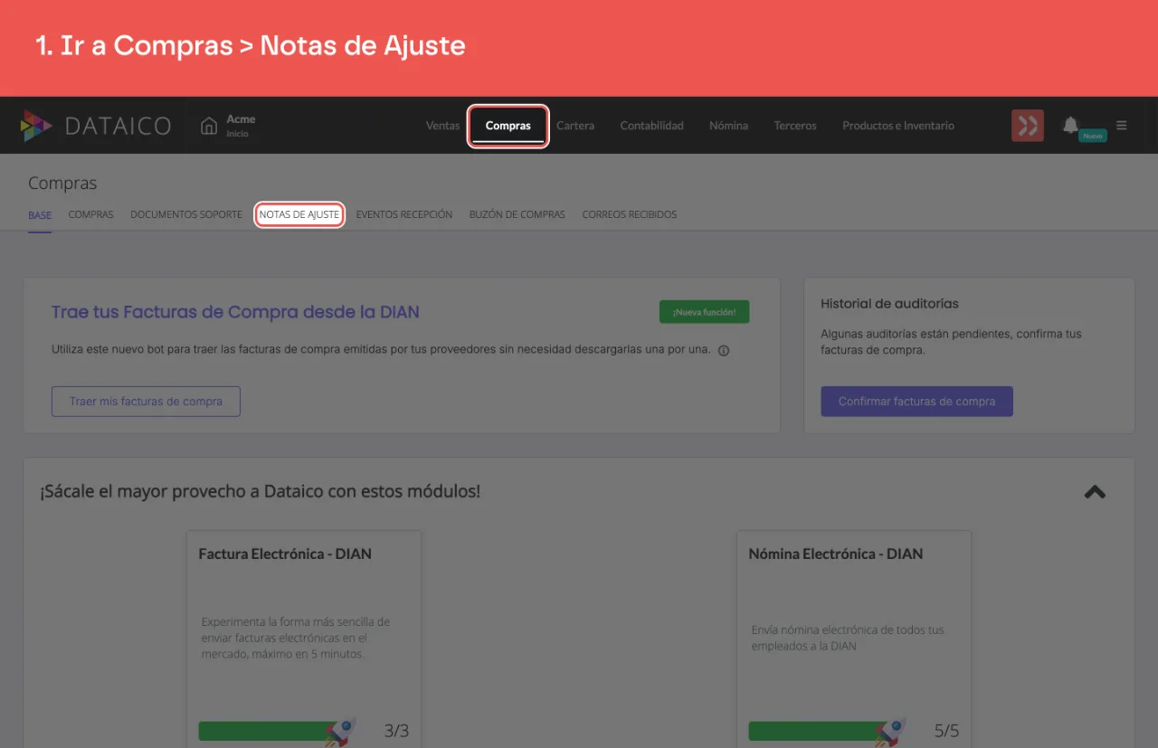 La pestaña Compras del menú principal y la subpestaña Notas de Ajuste