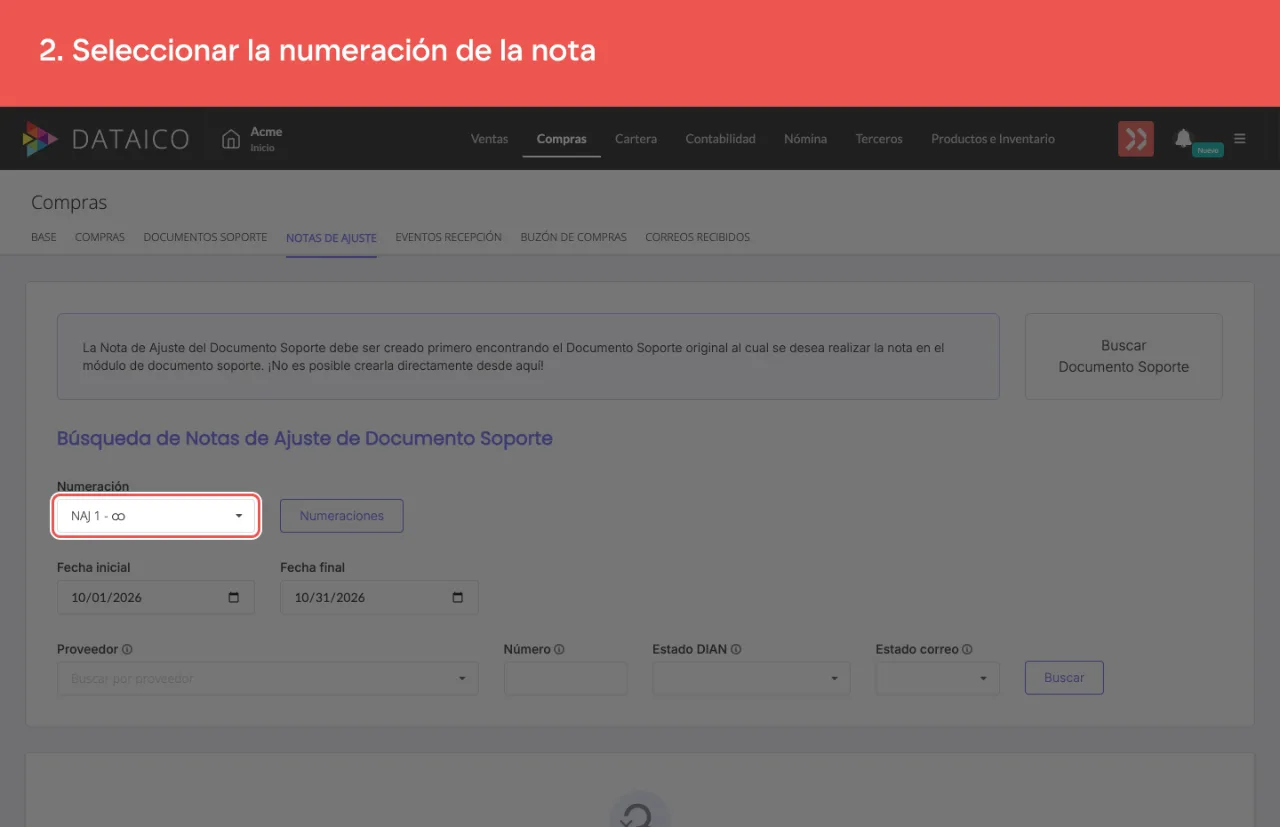 El selector Numeración de la búsqueda de Notas de Ajuste, junto al botón Numeraciones