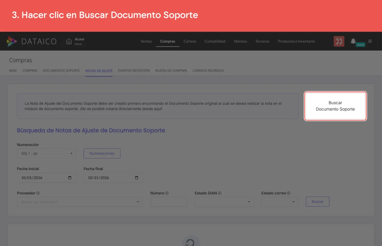 El botón Buscar Documento Soporte, a la derecha del aviso, que lleva al listado de documentos soporte