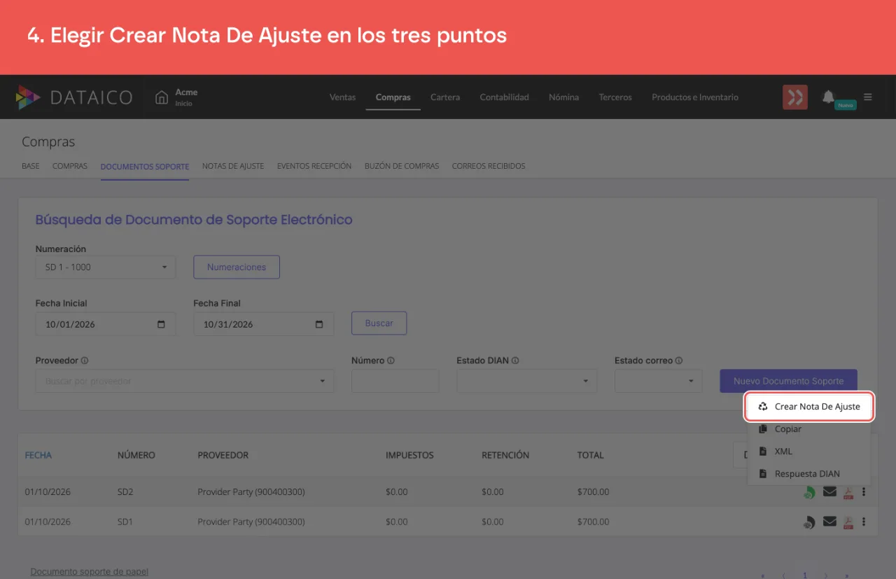 La opción Crear Nota De Ajuste del menú de tres puntos del documento soporte aceptado por la DIAN